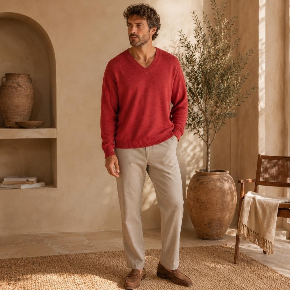 PERU UNLIMITED Mens Sweater XL Red Baby Alpaca Wool Knit V Neck PERU MADE